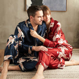 Long Crane Printed Silk Pajamas Set For Couples Red XS