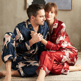 Long Crane Printed Silk Pajamas Set For Couples Red XS