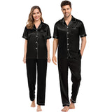 Silk Pajama Set Short Sleeve Silk Pajamas 4pcs For Mens & Womens Black XS