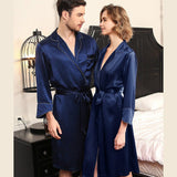 Matching Silk Robe Contrast Piping Silk Robes for Women and Men Navy Blue XS
