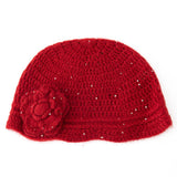 Crochet Knit Cashmere Hat with Sequins Flower Cashmere Blend Beanie Red M