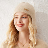 Womens Cute Pure Cashmere Beanie Hat Cashmere Knit Earflap Cap Beige M