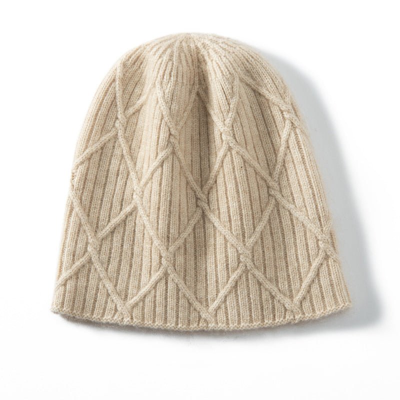 Diamond Cashmere Beanie Textured Cashmere Knit Hat for Men and Women Beige M