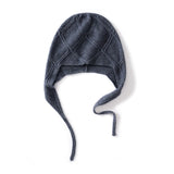 Diamond Knit Pure Cashmere Beanie Cashmere Bonnet Hat with Ties Grey M