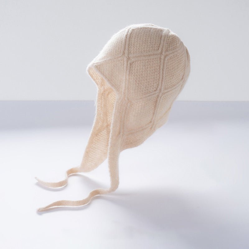 Diamond Knit Pure Cashmere Beanie Cashmere Bonnet Hat with Ties Beige M