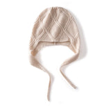 Diamond Knit Pure Cashmere Beanie Cashmere Bonnet Hat with Ties Beige M
