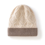 Double Layer Diamond Knit Pure Cashmere Beanie Cashmere Winter Hat Beige M