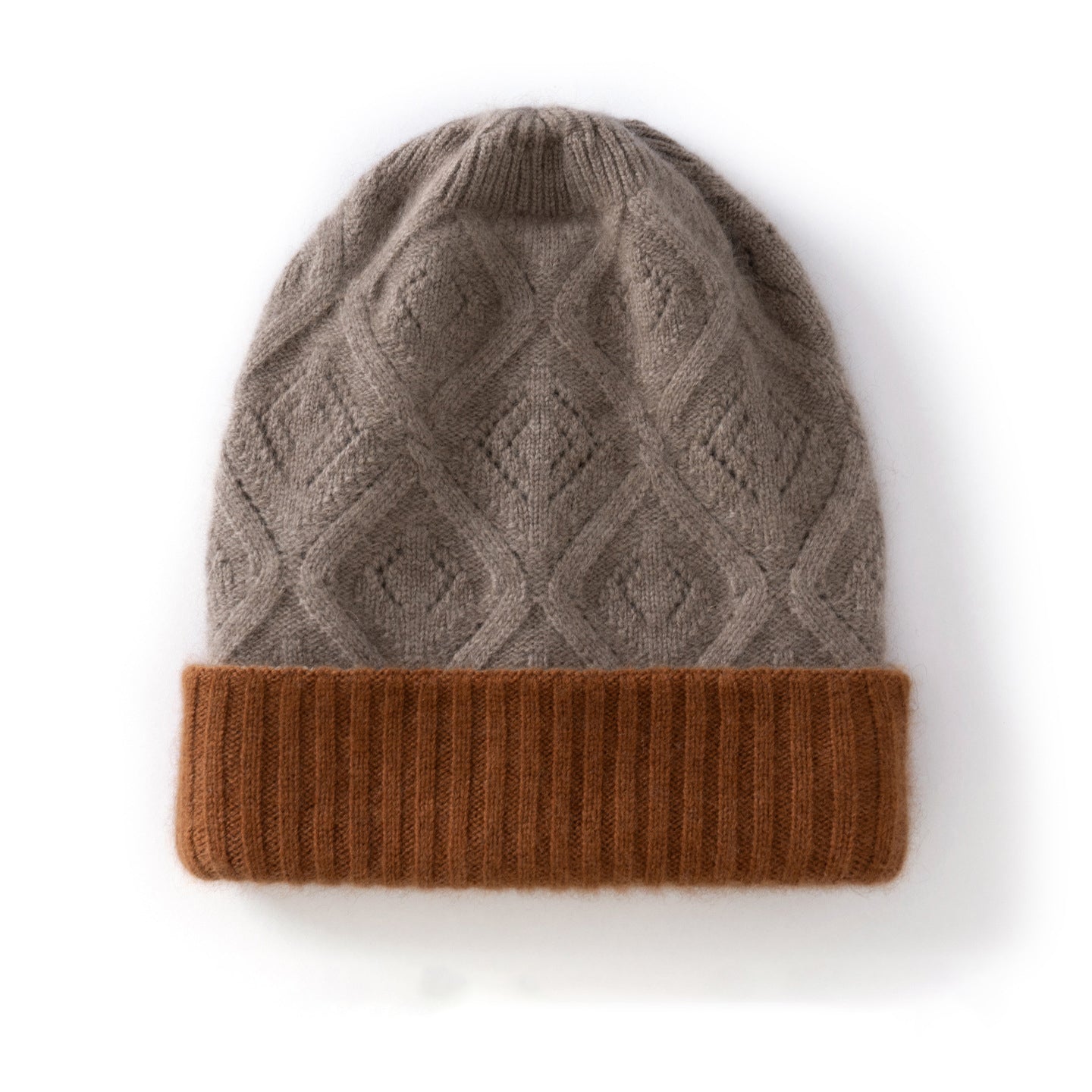 Double Layer Diamond Knit Pure Cashmere Beanie Cashmere Winter Hat Taupe M