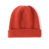 Double Layer Waffle - knit Pure Cashmere Beanie Folded Cuff Cashmere Winter Hat Red Orange M