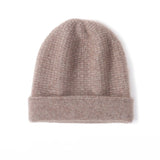 Double Layer Waffle - knit Pure Cashmere Beanie Folded Cuff Cashmere Winter Hat Taupe M