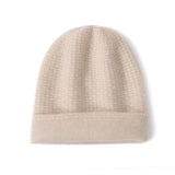 Double Layer Waffle - knit Pure Cashmere Beanie Folded Cuff Cashmere Winter Hat Beige M