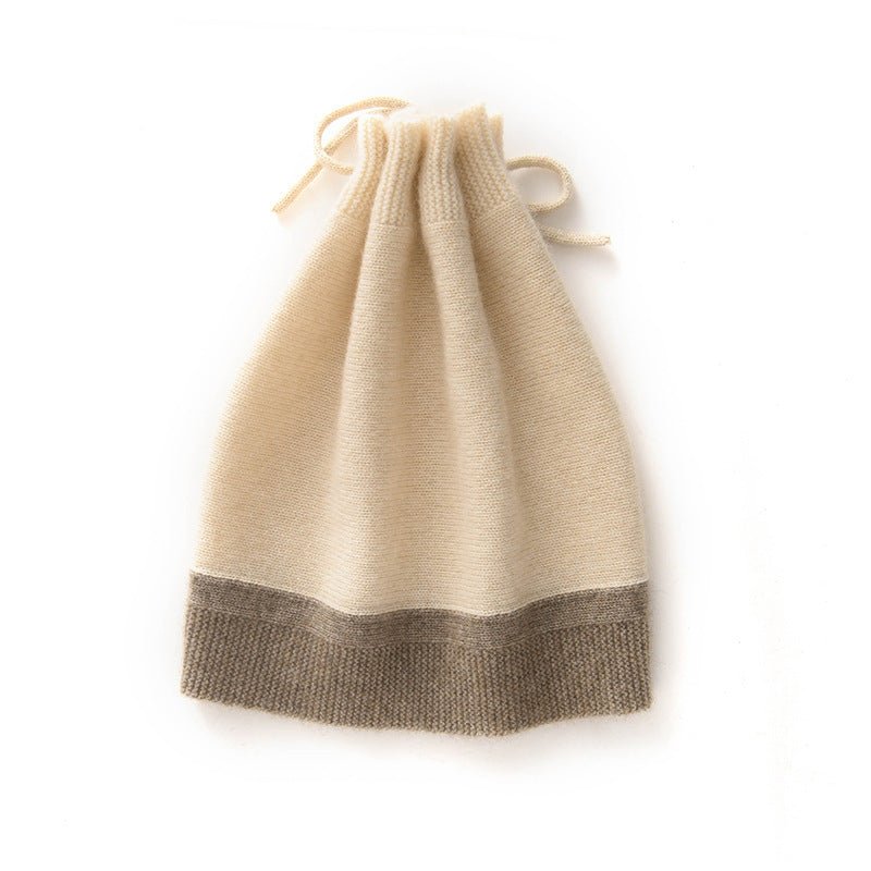 Dual - Use Cashmere Hat and Neck Warmer with Drawstring Cashmere Beanie and Neck Gaiter Beige M