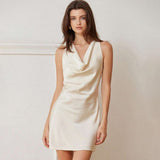 Elegant Ivory Cowl Neck Silk Mini Dress Short Silk Dress Ivory XS