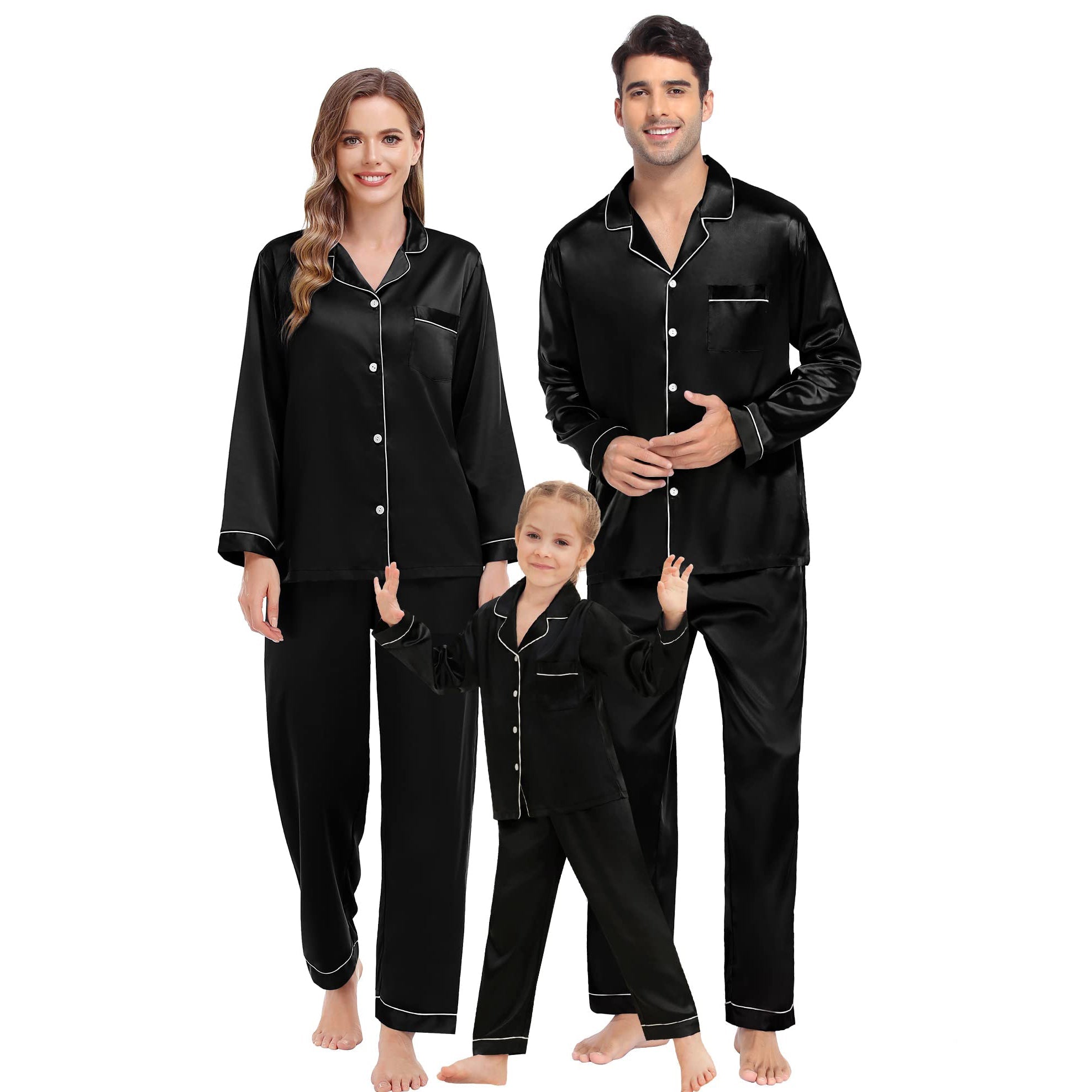 Family Long Silk Pajama Set 100% Pure Silk Matching Pjs Black XS