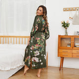 Olive Green Floral Print Silk Kimono Robes For Women Green One size fits most