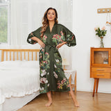 Olive Green Floral Print Silk Kimono Robes For Women Green One size fits most