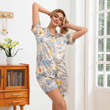 Floral Print Silk Pajama Set Botanical Silk Pajamas for Women Silk Pyjamas Shorts Set Beige XS