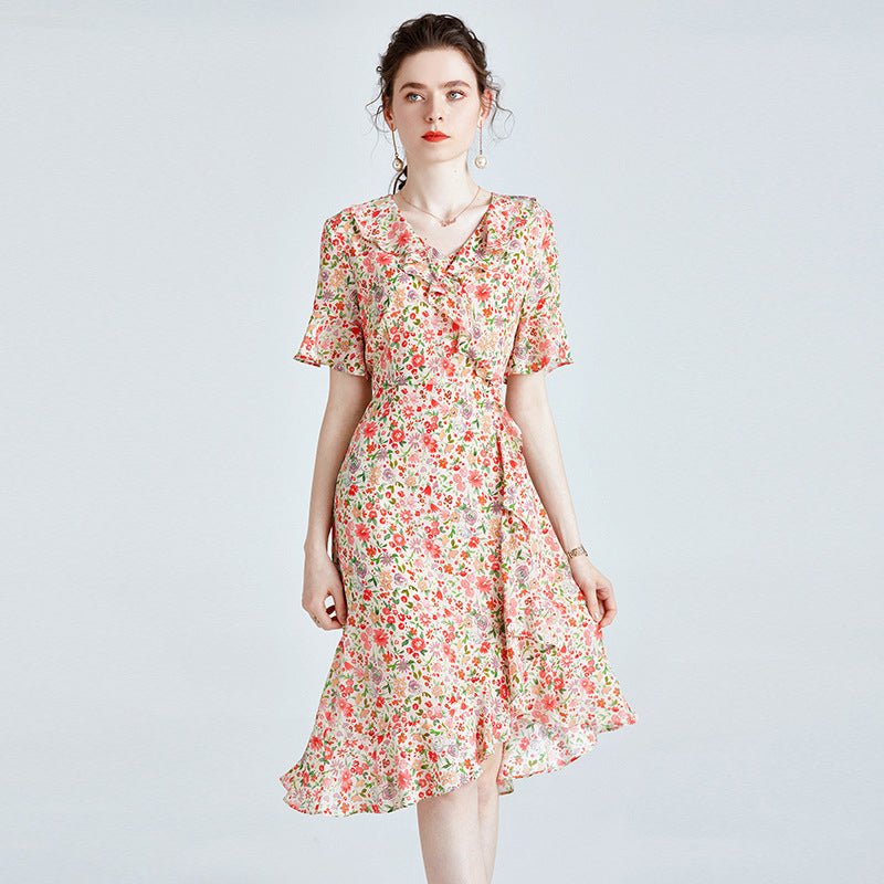 Womens Floral Silk Wrap Dress Ruffled V - Neck Silk Dresses Apricot XS