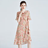 Womens Floral Silk Wrap Dress Ruffled V - Neck Silk Dresses Apricot XS