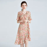 Womens Floral Silk Wrap Dress Ruffled V - Neck Silk Dresses Apricot XS