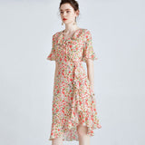 Womens Floral Silk Wrap Dress Ruffled V - Neck Silk Dresses Apricot XS