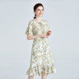 Womens Floral Silk Midi Dress with Ruffle Hem Flutter Sleeves Green Silk Dress Light Green S