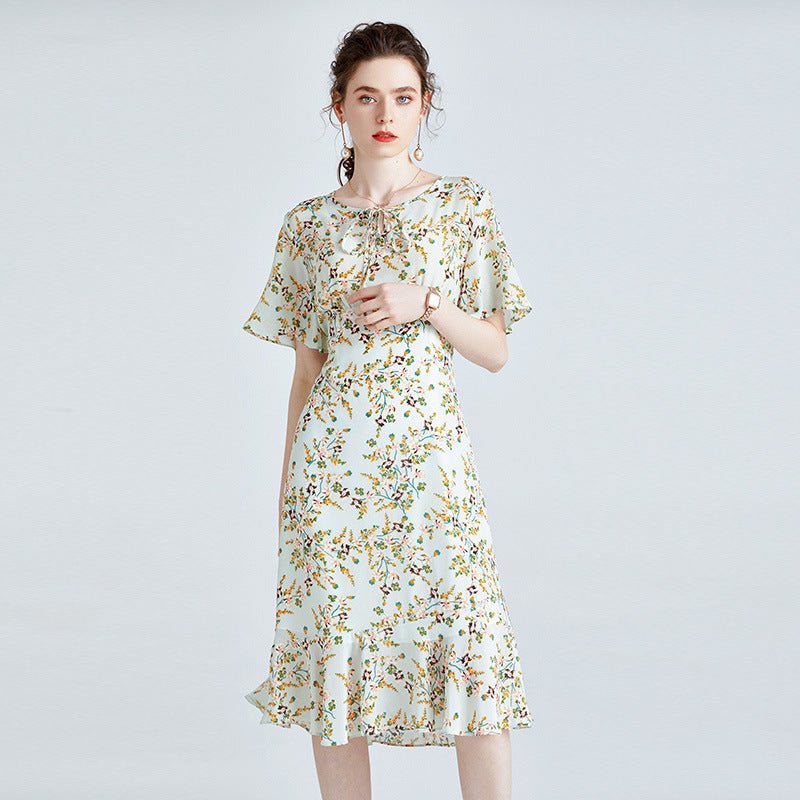 Womens Floral Silk Midi Dress with Ruffle Hem Flutter Sleeves Green Silk Dress Light Green S