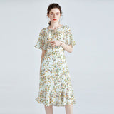 Womens Floral Silk Midi Dress with Ruffle Hem Flutter Sleeves Green Silk Dress Light Green S