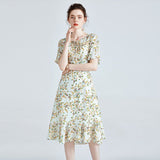 Womens Floral Silk Midi Dress with Ruffle Hem Flutter Sleeves Green Silk Dress Light Green S