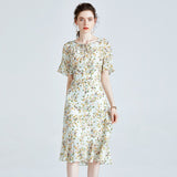 Womens Floral Silk Midi Dress with Ruffle Hem Flutter Sleeves Green Silk Dress Light Green S