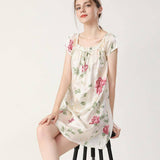 Floral Print Silk Nightgown For Women Loose Silk Nightdress Ivory XS