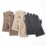 Flower Cashmere Gloves Touchscreen Fingers Pure Knitted Mittens Taupe M