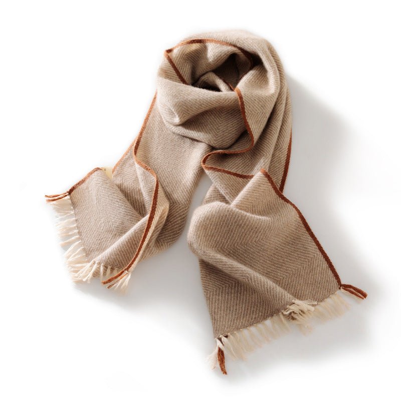 Fringed Pure Cashmere Scarf for Women Cashmere Wrap with Woven Trim Taupe L