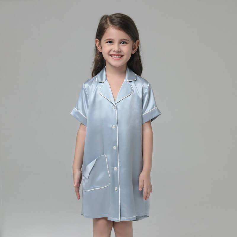 Girls Silk Nightshirt pure Silk Nightshirt Kids Silk Nightwear Light Blue XS