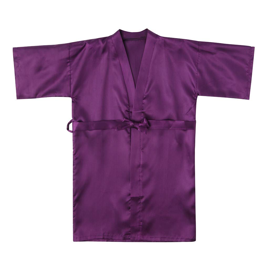 Kids Silk Kimono Silk Robe for Girls Short Sleeve Wrap Robe Purple XS
