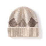 Kids Argyle Cashmere Beanie Hat Ribbed Edge Cashmere Beanie with Diamond Pattern Beige S