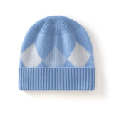 Kids Argyle Cashmere Beanie Hat Ribbed Edge Cashmere Beanie with Diamond Pattern Blue S