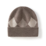 Kids Argyle Cashmere Beanie Hat Ribbed Edge Cashmere Beanie with Diamond Pattern Taupe S