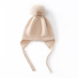 Kids Cashmere Earflap Hat with Pom Tie - String Cashmere Beanie Beige S