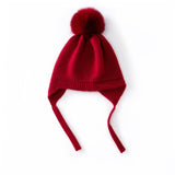 Kids Cashmere Earflap Hat with Pom Tie - String Cashmere Beanie Claret S