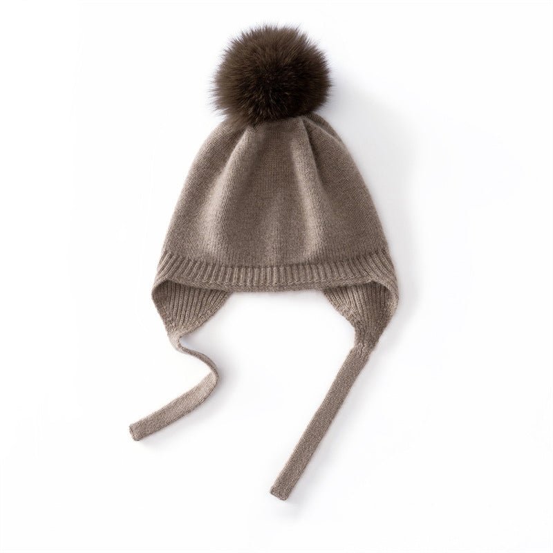 Kids Cashmere Earflap Hat with Pom Tie - String Cashmere Beanie Taupe S