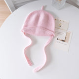 Kids Cashmere Hat with Ties Toddler Cashmere Bonnet Hat Roll Brim Pink S
