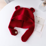Kids Cashmere Knit Hat with Button Strap Bear Ear Cashmere Beanie Claret S