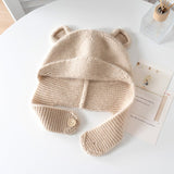 Kids Cashmere Knit Hat with Button Strap Bear Ear Cashmere Beanie Beige S