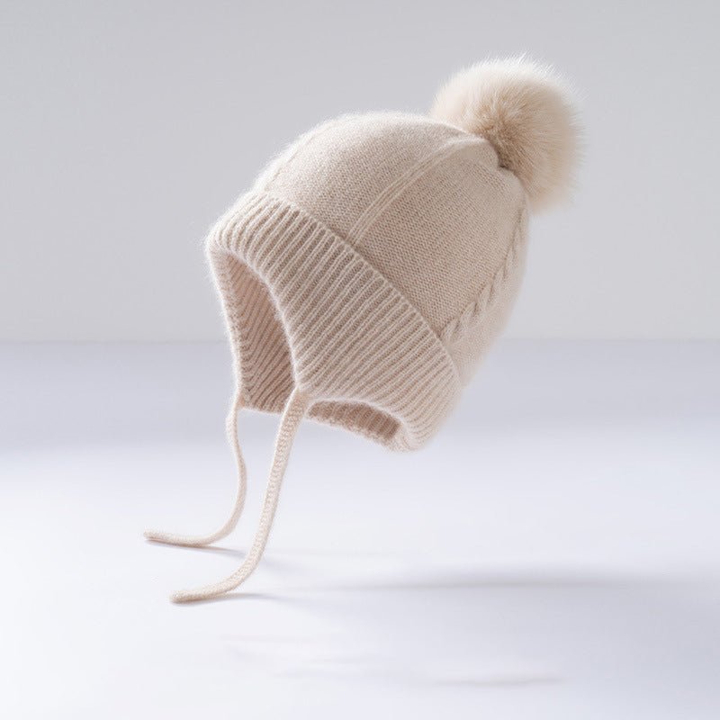Kids Cashmere Knit Hat with Earflaps and Ties Pom - Pom Cashmere Beanie Beige S