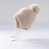 Kids Cashmere Knit Hat with Earflaps and Ties Pom - Pom Cashmere Beanie Beige S