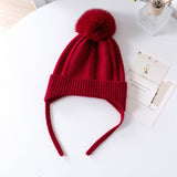 Kids Cashmere Knit Hat with Earflaps and Ties Pom - Pom Cashmere Beanie Claret S