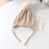 Kids Cashmere Knit Hat with Earflaps and Ties Pom - Pom Cashmere Beanie Beige S