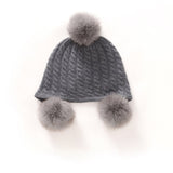 Kids Cute Cashmere Beanie with Real Fur Poms Knit Cashmere Hat Grey M