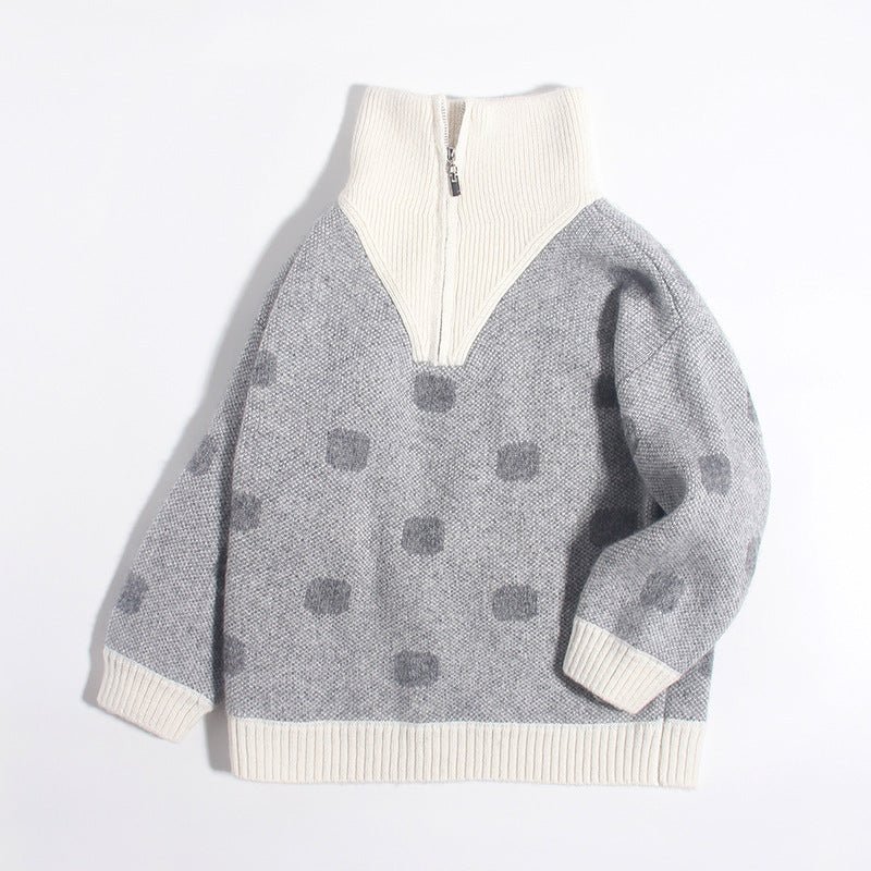Kids Polka Dot Cashmere Sweater Contrast Zip Collar Cashmere Pullover Grey 90